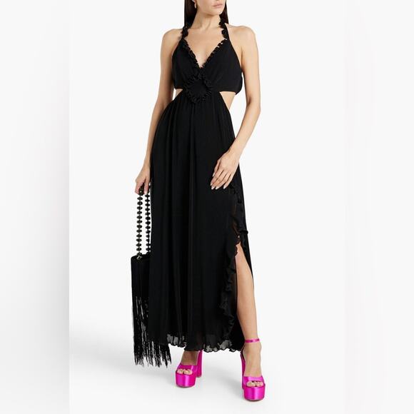 LOVESHACKFANCY Talitha Maxi Dress Crinkle Halter Gown in Black Ruffle Slit Sz L - Picture 13 of 14